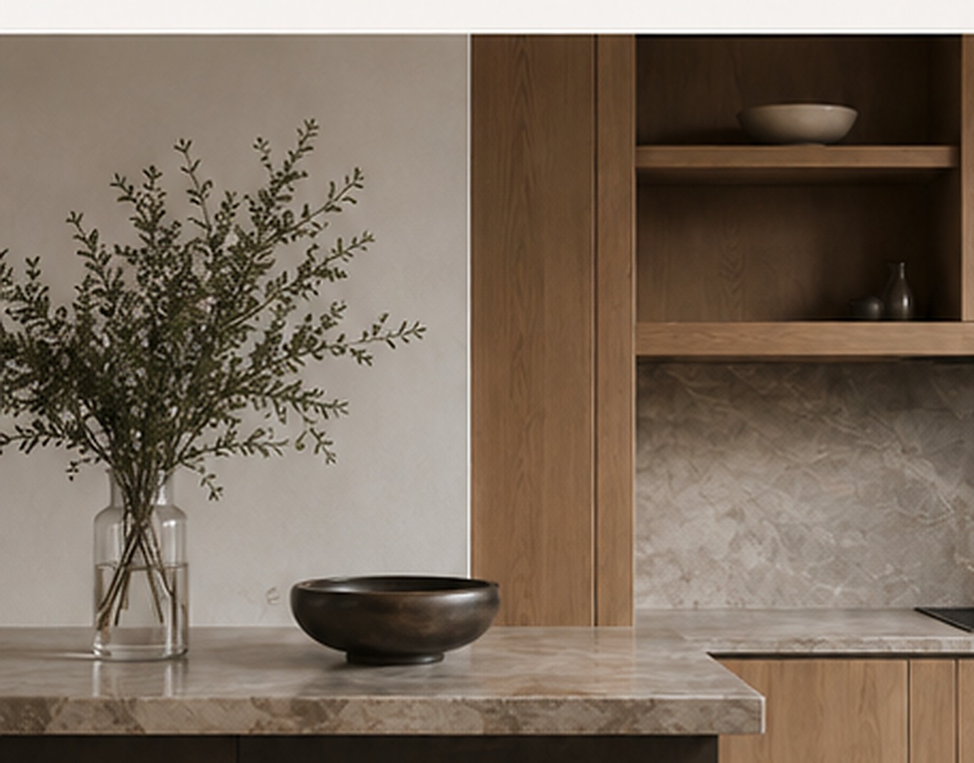 Custom cabinetry and natural stone interior